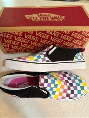 Asher Vans Slip-On Sneakers - Checkerboard White, Pink, Yellow, Teal, Purple